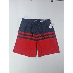 Club Room Mens S Swim Trunks Lined Colorblock Striped Navy Red 7" Inseam NWT